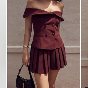 Commense Cold Shoulder Blazer Top with Pleated Skirt Set Burgundy Fall 2024